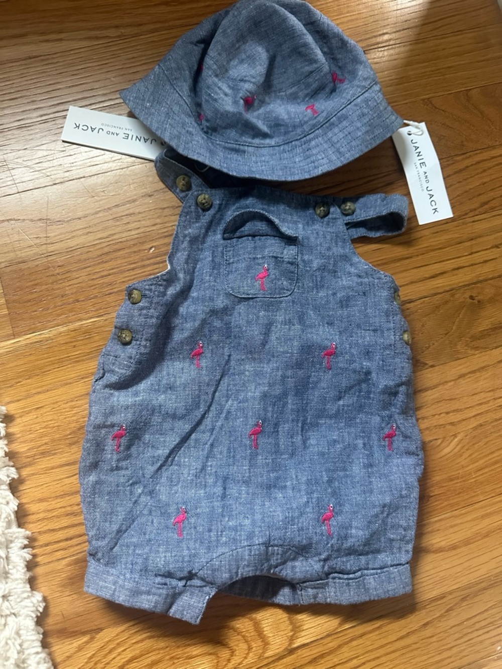 Janie and Jack Chambray Romper with Pink Flamingo Embroidery